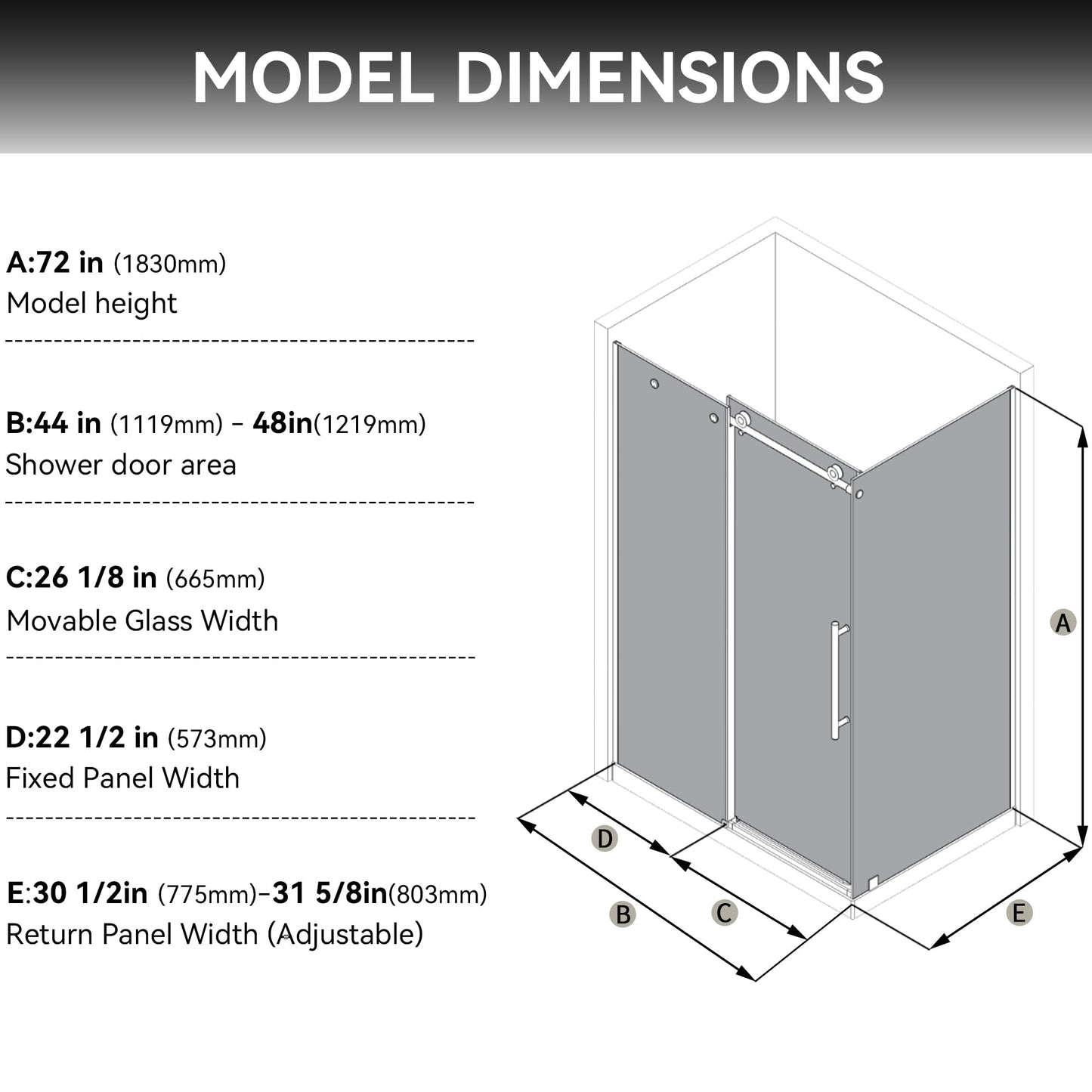 44-48" W x 32" D x 72" H Frameless Shower Enclosure, Sliding Corner Shower Door with 5/16" (8mm) SGCC Certified Clear Tempered Glass, Stainless Handle, Matte Black Finish (Shower Base Not Included)