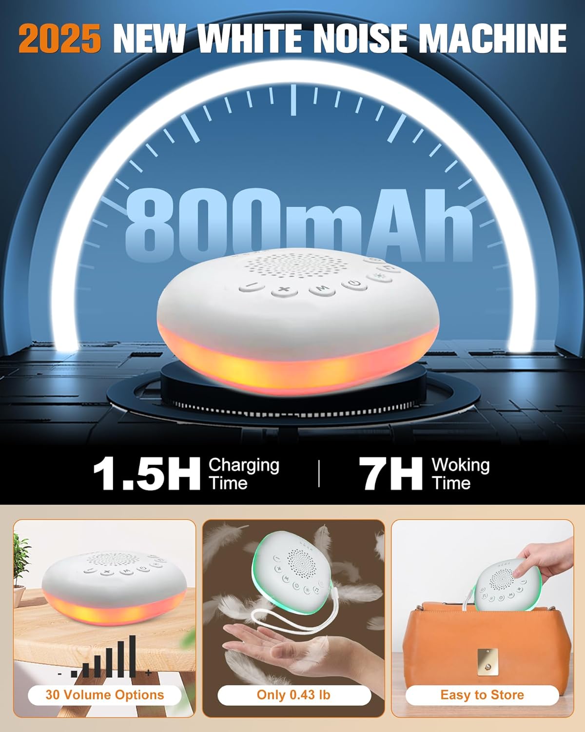 White Noise Sound Machine - Portable Sleep Aid with 20 Soothing Sounds & 9-Color Night Light