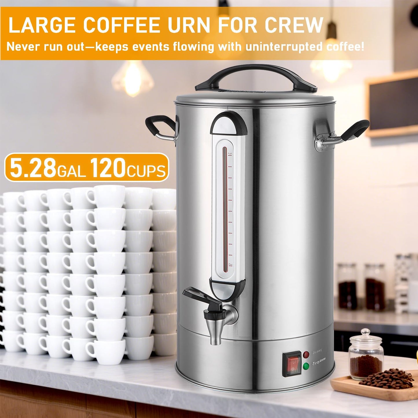 Fattong's Lab Commercial Coffee Urn, 120 Cup/20L Large Coffee Maker for Catering & Events, Stainless Steel Percolator, 1300W Quick Brew Hot Water Dispenser with Double Wall Insulation, Silver