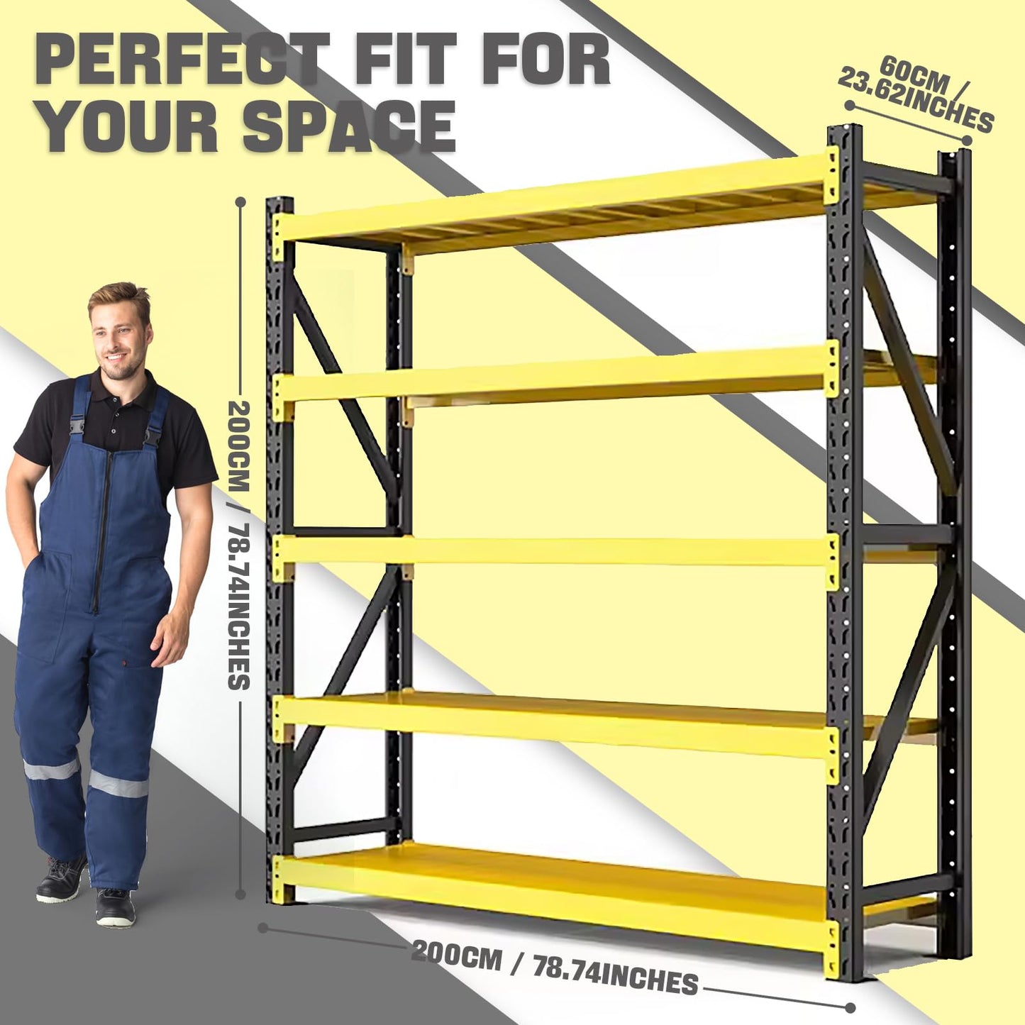 5000lbs Load Capacity,Heavy Duty 4-Tier Steel Shelving Unit, Adjustable Industrial Storage Rack for Garage Warehouse Workshop(Yellow and Black, W78.74*D23.62*H78.74)