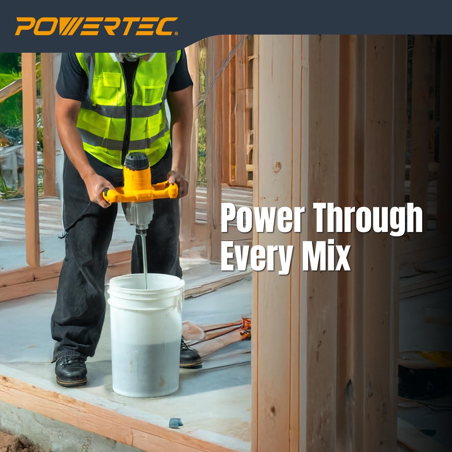 POWERTEC Electric Mortar Mixer – 13AMP/1600W Dual Handheld Cement Mixer with 2-Speed Control, 3-Blade Spiral Paddle & Accessories – Ideal for Mortar, Concrete, Epoxy & Paint (MR1680)