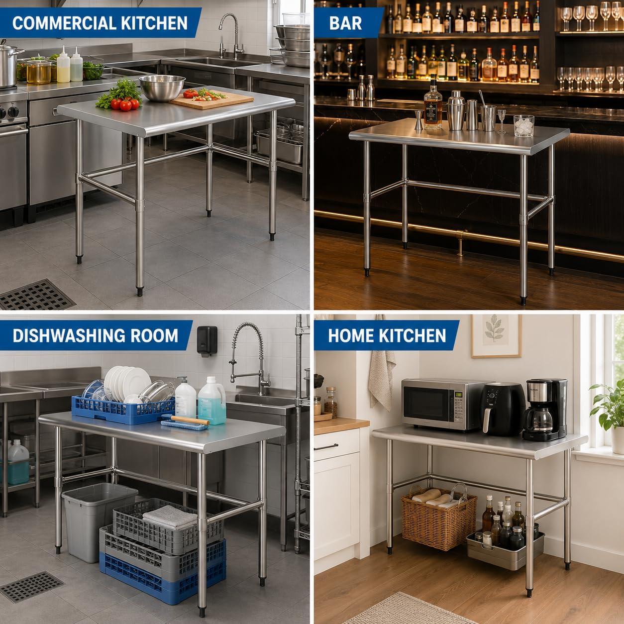 Chingoo Stainless Steel Table Open Base 30x60 Inch, Heavy-Duty Metal Work Table Ideal for Restaurant, Kitchen, Bakery, or Commercial Food Prep