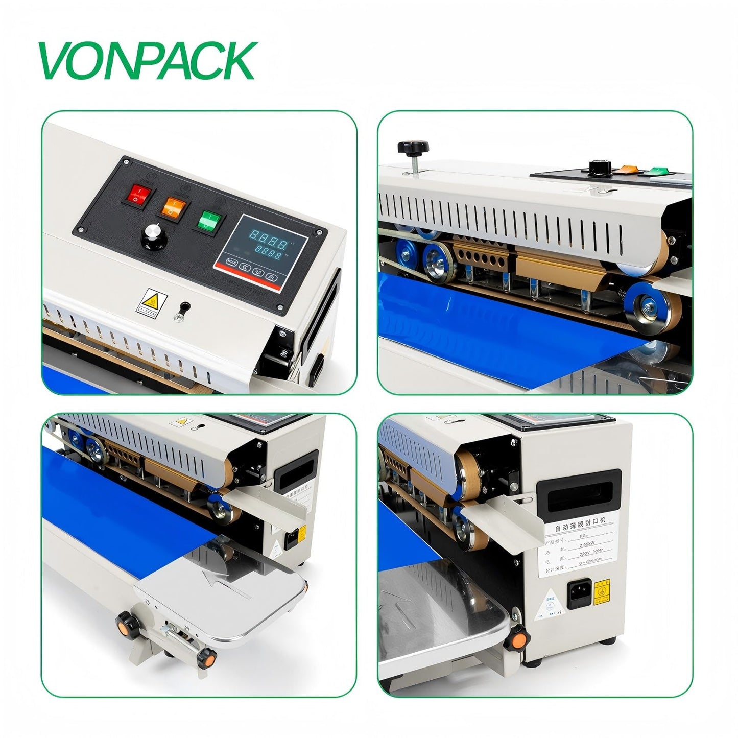 VONPACK FR-900 Automatic Continuous Band Sealing Machine, 110V Bag Sealer Industrial Factory Kitchen Packing Machine Heat Sealing Adjustable Intelligent Temp Control for Plastic Bag Food Film