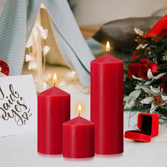 Pillar Candles 3 x 4, 6, and 8 inches, Large Handmade Candles Set of 3, Red Decorative Candles for Wedding, Home Decoration, Dinner, Church