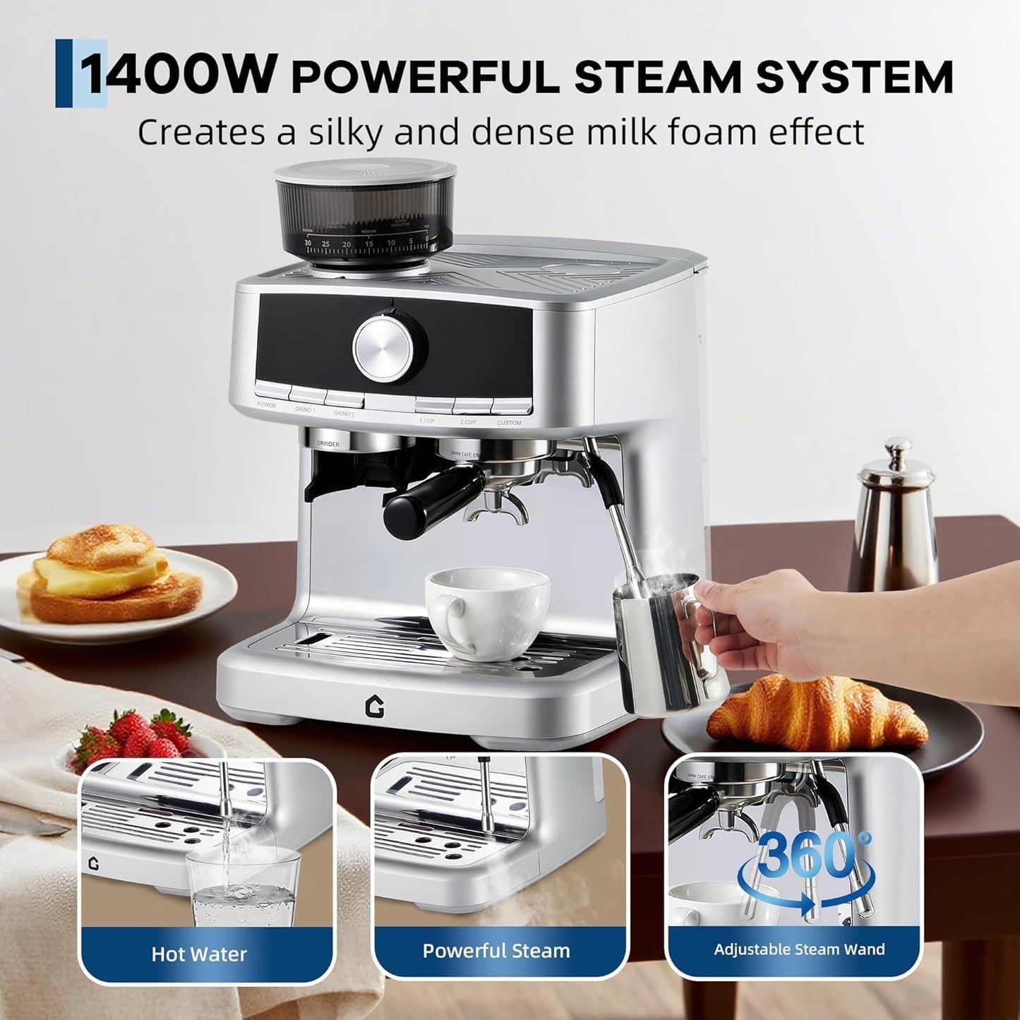 ExploreHorizon 20 Bar Espresso Machine with Built-In Grinder & Milk Frother, 1.5L Removable Water Tank, Adjustable Shot Volume & 30 Grind Settings for Home or Office Use, Stainless Steel Silver