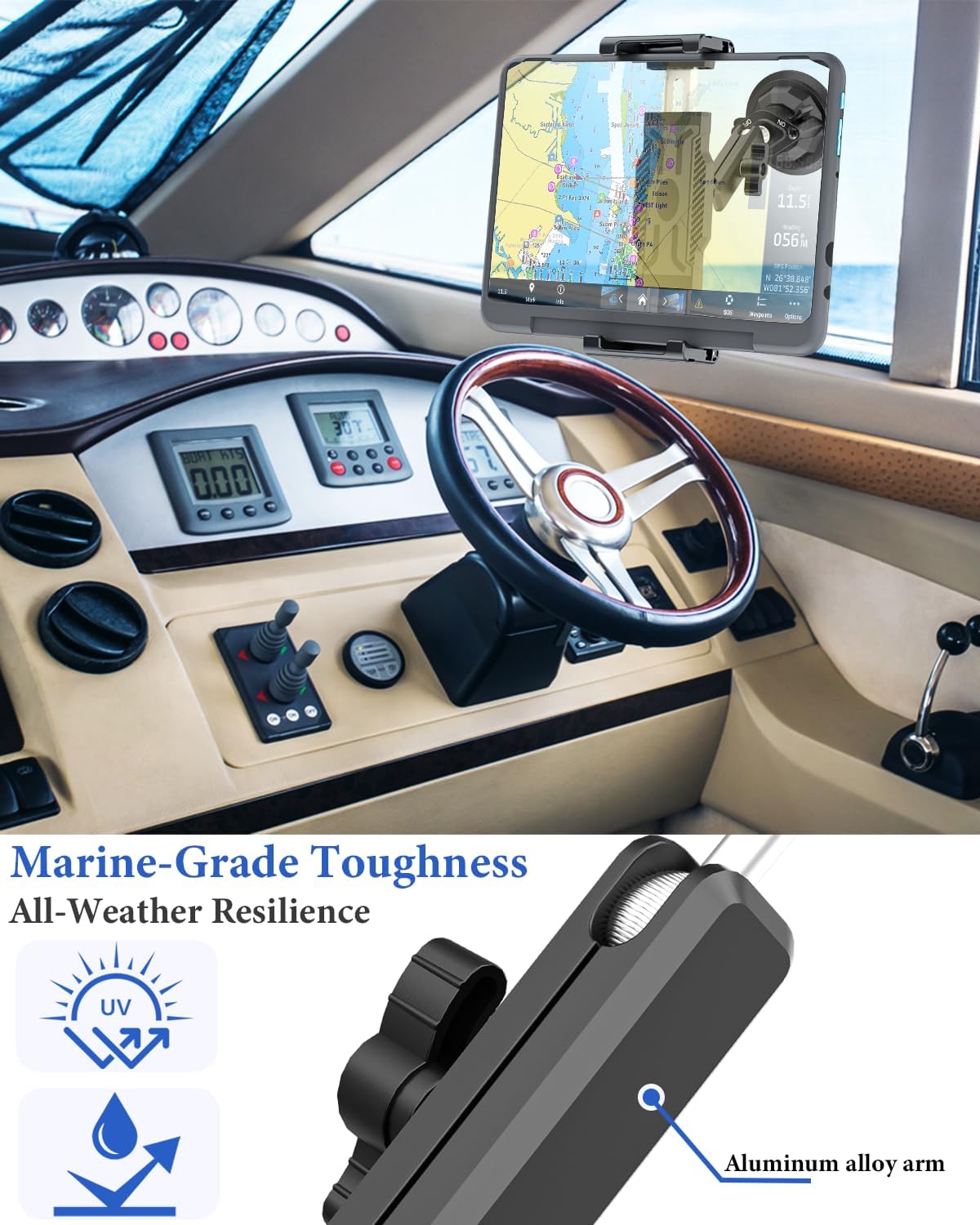 WISHCODE 66LBS 13 12.9, 6-15.6" Metal Tablet Mount for Boat, [Ultra-Deep Clamp] Vacuum Suction Cup, Boat Accessories