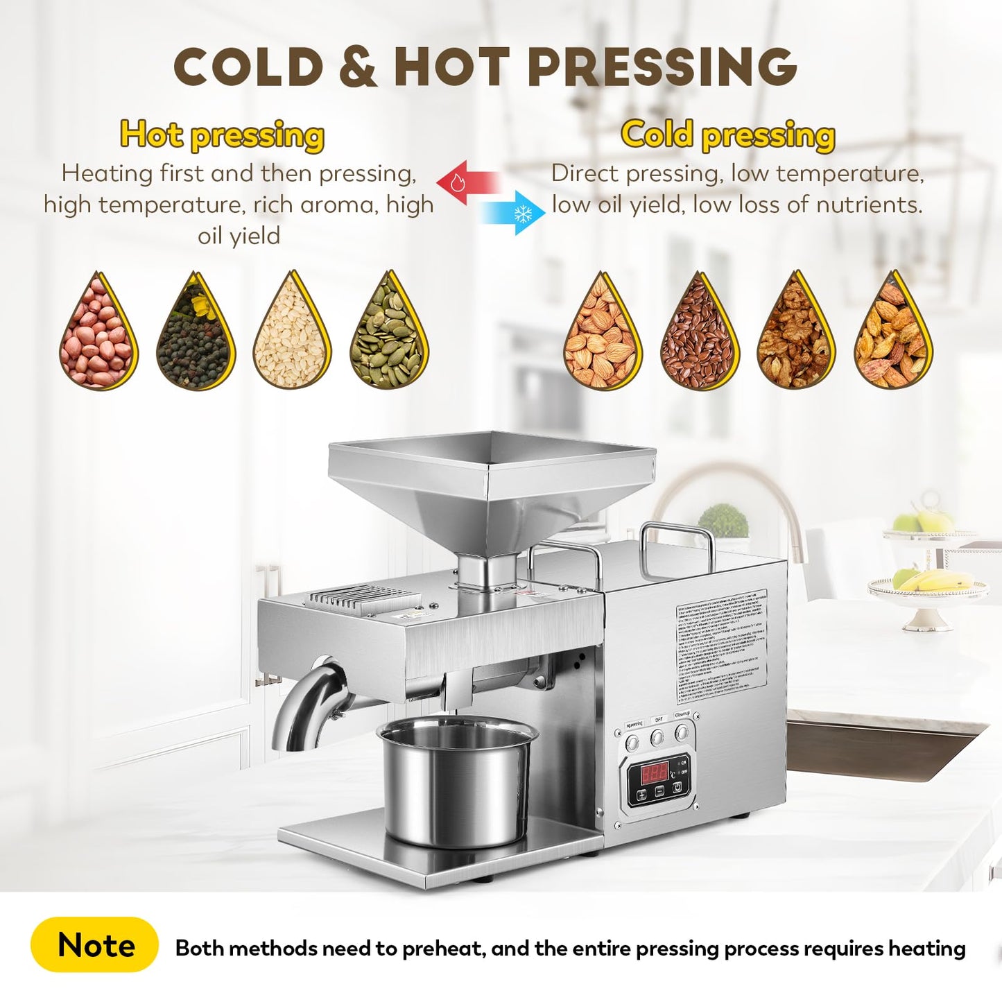 CGOLDENWALL 3000W Commercial Oil Press Machine Oil Extractor Expeller with Intelligent Temperature Controller/Industrial Motor/All Stainless Steel/CE (110V, US Plug)