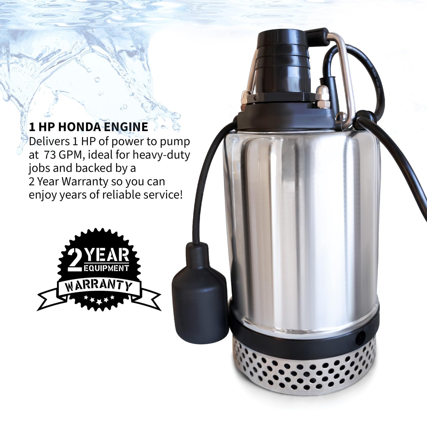 Tomahawk 1 HP Submersible Trash Pump 73 GPM / 4380 GPH 750W with Automatic Float Switch Top-Outlet Stainless Steel Dirty Water High Flow Dewatering Flooded Basement Pits Pools Construction Sites