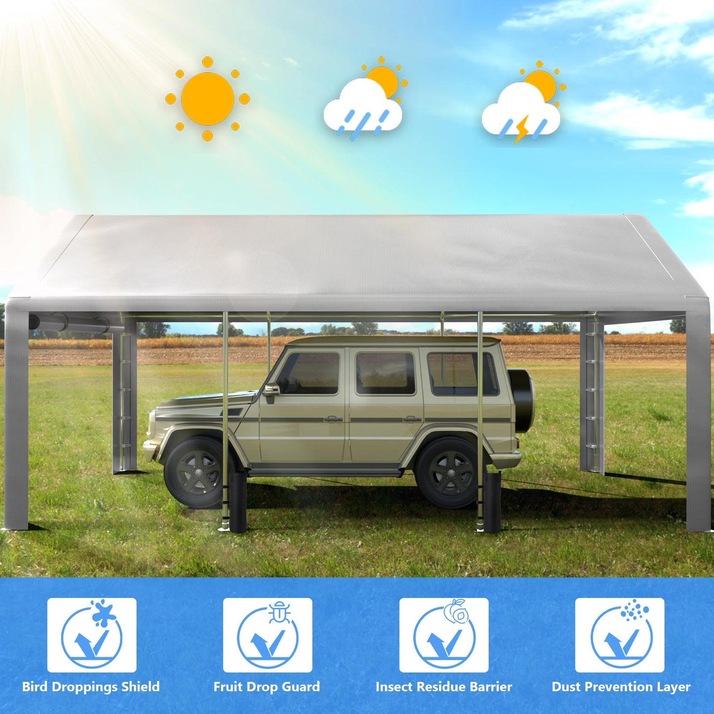 Jocoevol Carport 10x20 FT Enclosed Carport with Roll-up Windows, Portable Garage with Removable Sidewalls & Doors, Car Canopy Tent with Sandbags All-Season Tarp for Car Boat Truck Motorcycle