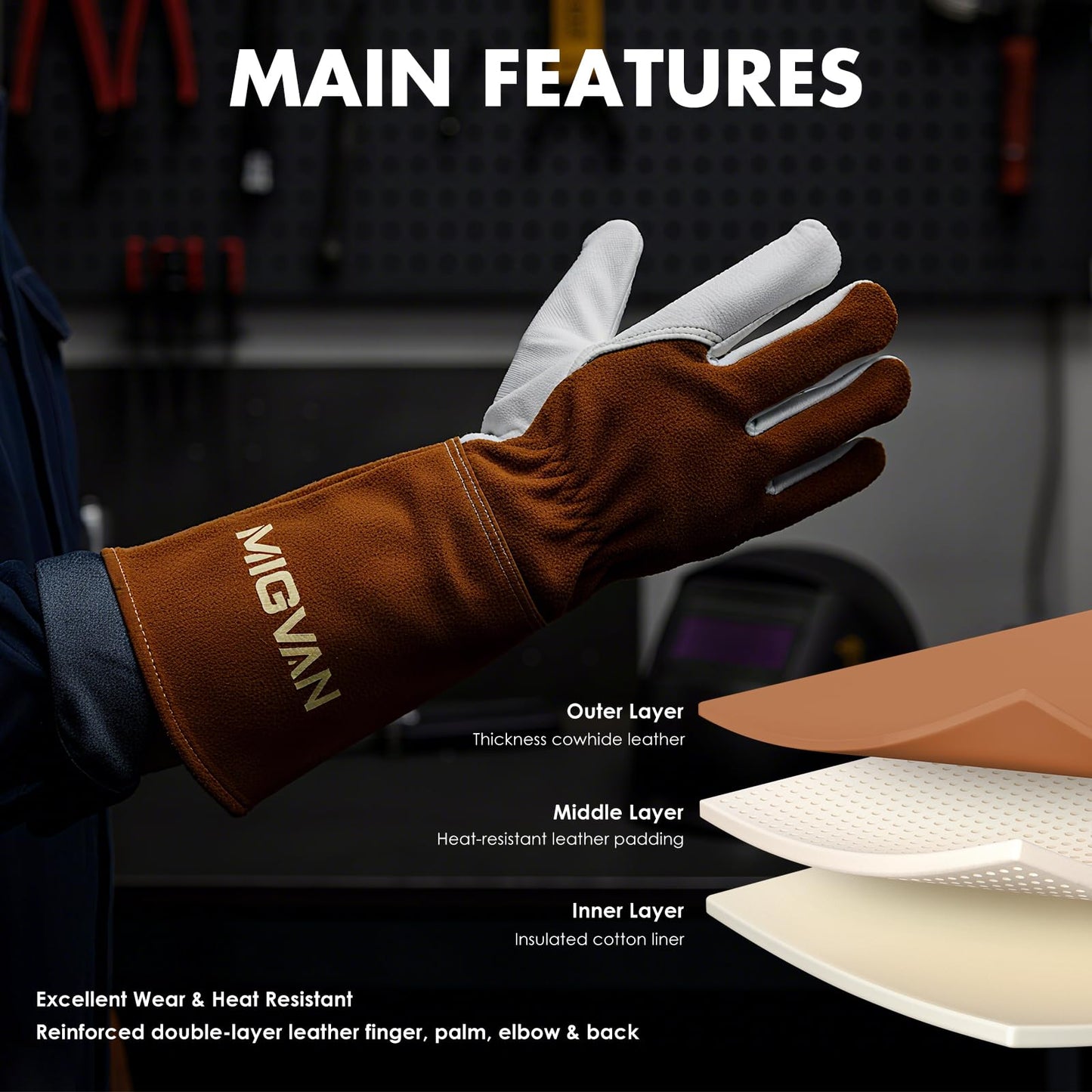 MIGVAN Welding Helmet Auto Darkening H-21, Leather MIG Welding Gloves 16 Inches, Leather MIG Welding Work Apron, Comprehensive Set Simplifies the Welding Tasks.