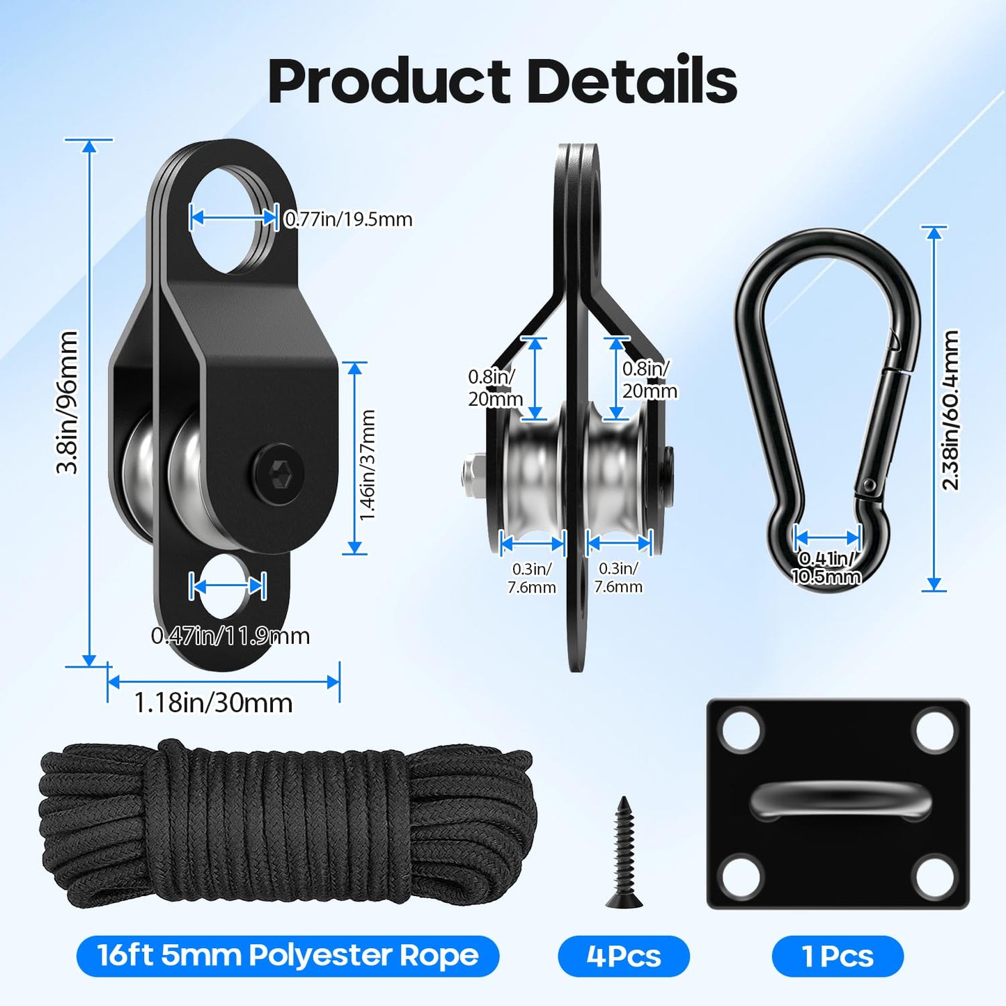 fshihine Black Pulley Block System Set Include 2 Double Pulley with Ball Bearing Inside, 16ft Nylon Rope, Eye Pad Plate and Spring Hooks, Pulley Wheel for Lifting, DIY Projects and Clothesline