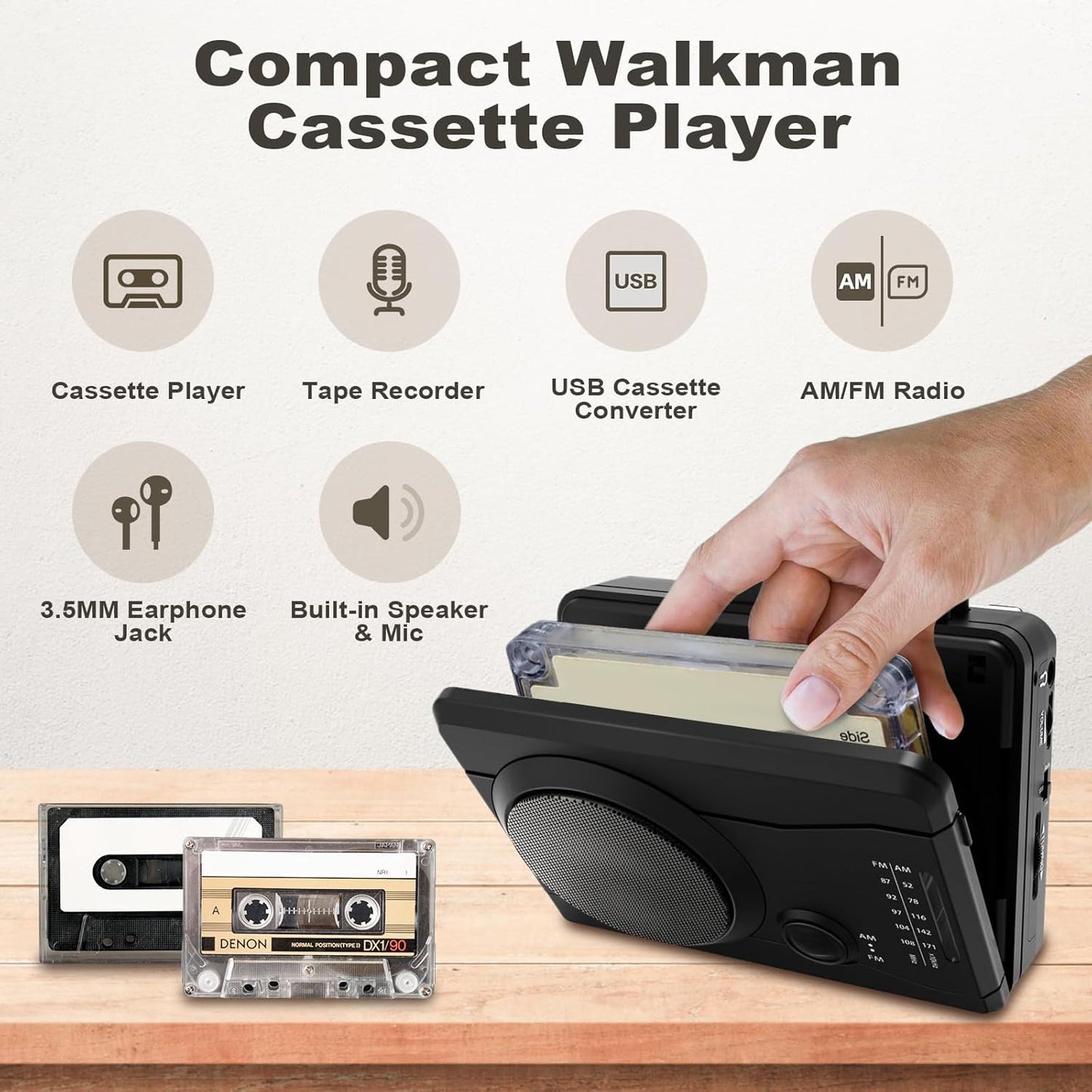 Cassette Cassette MP3 Portable Player & Recorder, Tape to Digital Converter, AM/FM Radio Station, Reverse Recording