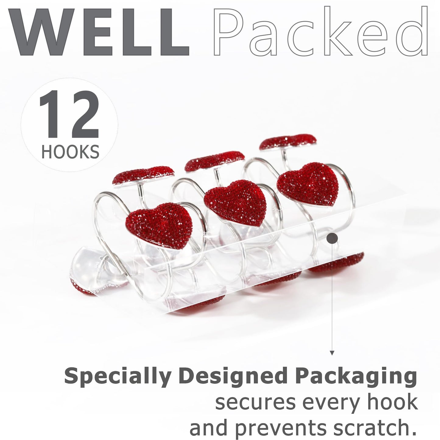 Valentines Day Shower Curtain Hooks: Red Heart Shower Curtain Hooks - Luxury Sparkly Crystal Rhinestone Decorative Stainless Steel Shower Rings Hangers for Christmas Holiday Women Girls Bathroom Décor