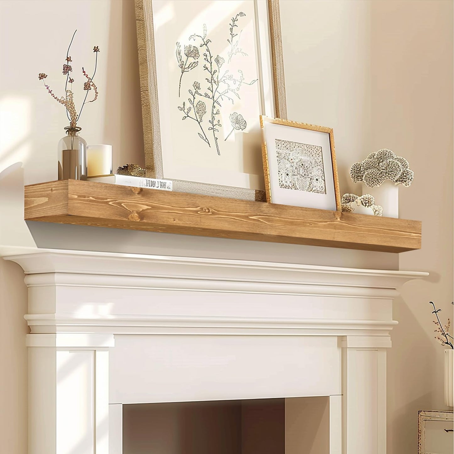 YLYHSST Fireplace Mantel Handmade, 3'' Thick Wall Decor Long Floating Shelf, 48inch Rustic Wood Shelf with Invisible Brackets, Wood Color