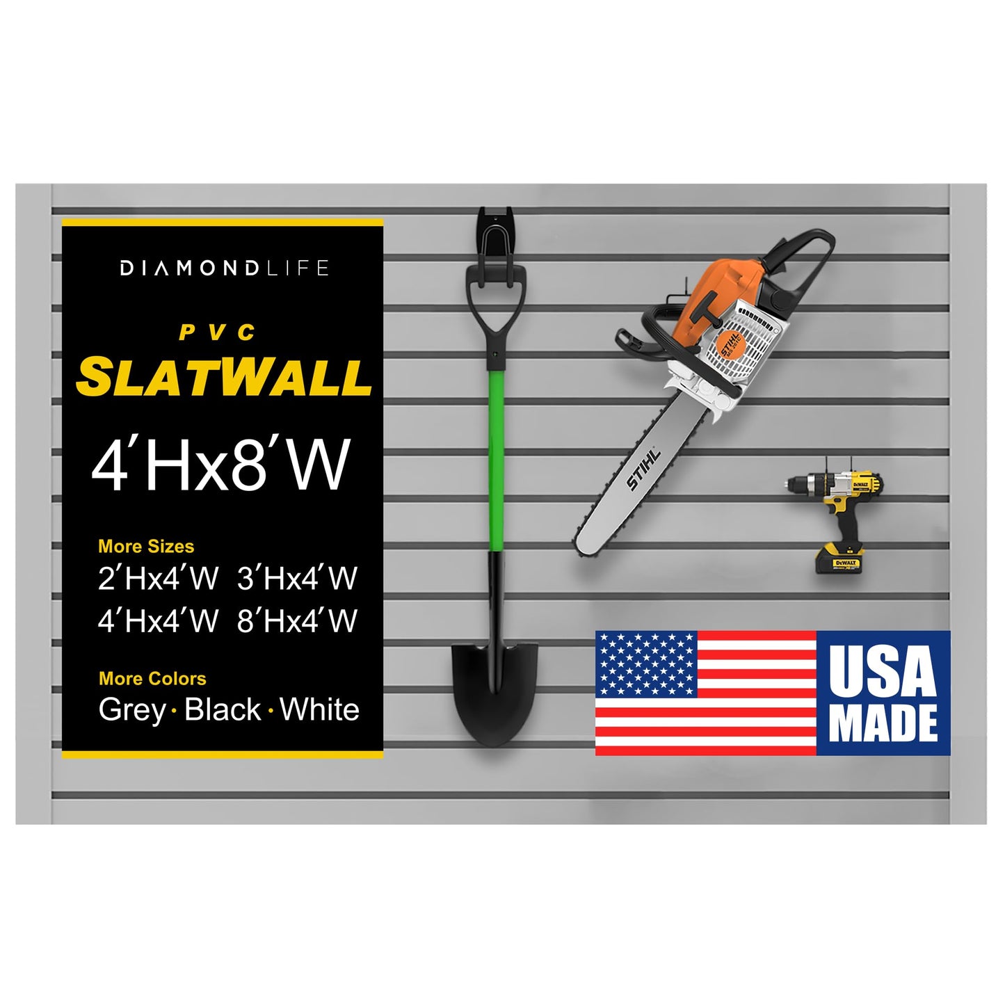 Heavy Duty 4'H X 8'W PVC Garage SlatWall Storage System (with Endcaps & Screws) - Modular Slat Wall Paneling for Garage Wall Organizer - Interlocking SlatWall Panels for Home & Commercial Use (Grey)