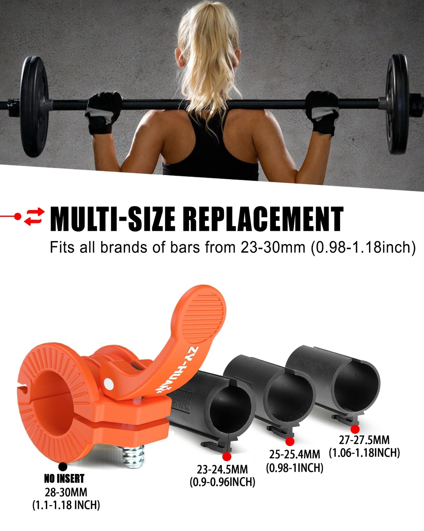 ZY-HUAN Pro Barbell Clips 1 inch Barbell Clamps 0.9-1.18inch Quick Release Weight Clips for Bars Multi-Size Adjustable Olympic Barbell Clamps (Orange)