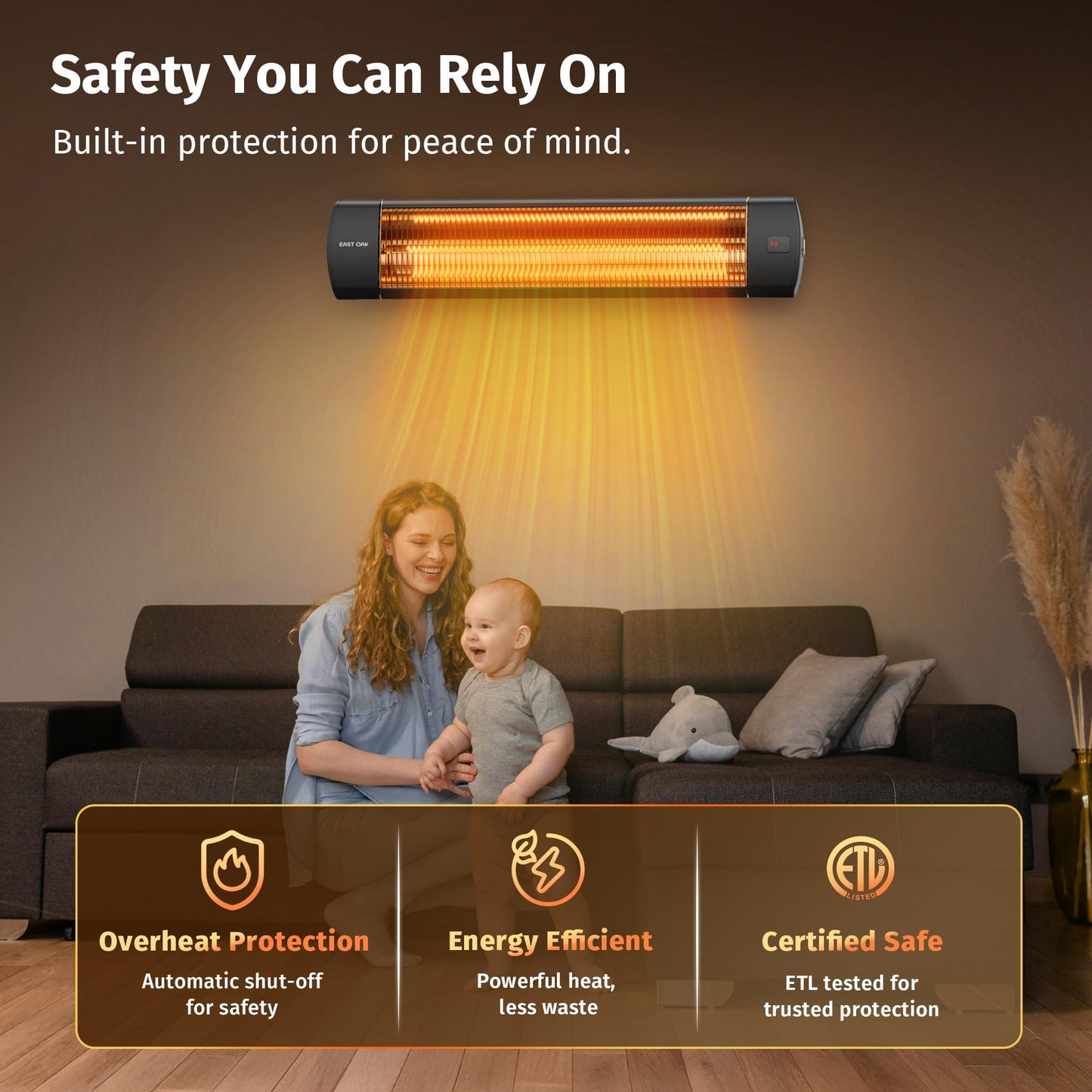 EAST OAK Electric Patio Heater | 1500W Wall Mounted Infrared Heater for Outdoor, Garage, Backyard, Restaurant | 24H Timer, IP65 Waterproof | 3 Heat Levels & Overheating Protection | Black