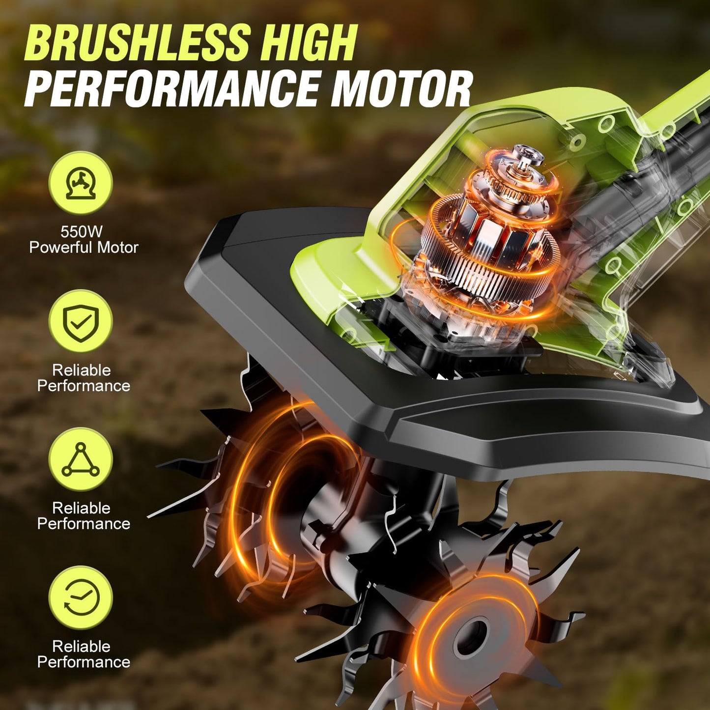 Cordless Tiller Cultivator, 21V Lightweight Tiller for Gardening with 2 * Batteries, Brushless Electric Tiller with 48 Steel Tines, 400RPM, 9.5" Tilling Width, 7" Depth for Gardening、Soil Turning