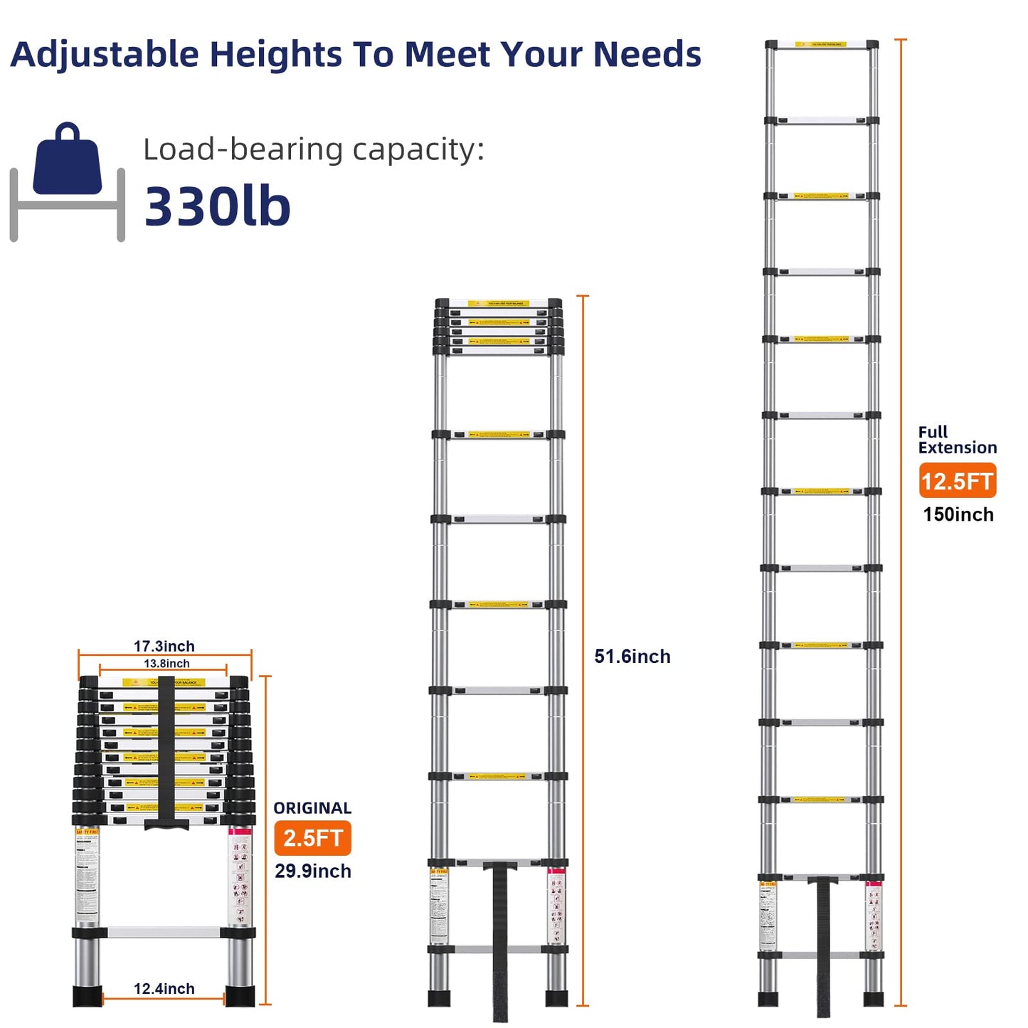 MGENLONG 12.5FT Telescoping Ladder- Multi-Purpose Aluminum Extension Ladder Adjustable Compact Ladder for Household, RV, Outdoor, 330lbs Max Capacity