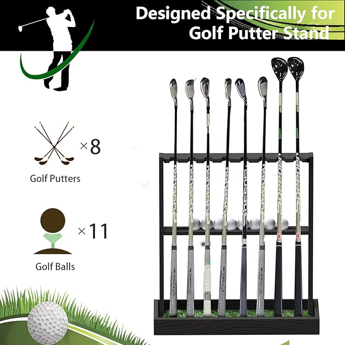 Golf Club Holder Stand,Wooden Golf Club Rack -Indoor Display Rack,Golf Club Organizer for 8 Clubs and 11 Balls Storage,Golf Rack for Storage Sports Outdoors Wall Garage