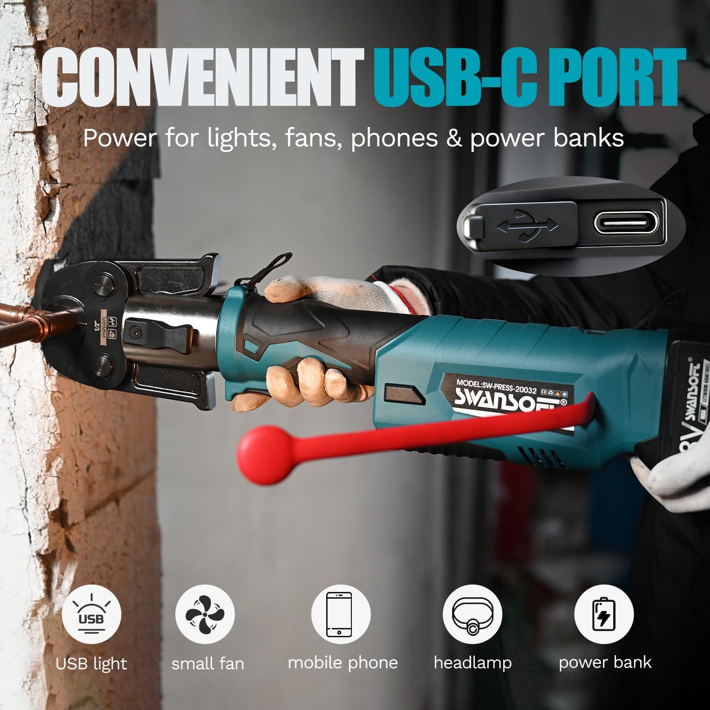 SWANSOFT Pro Press Tool, Copper Pipe Crimping Tool with 18V 4Ah Battery Pro Press Copper Crimper Tool with 4 US Standard Jaws 1/2", 3/4'', 1", 1-1/4", Electric Hydraulic Plumbing Crimping Tool - Teal