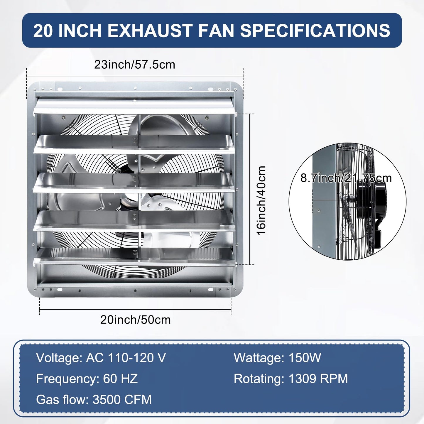 Criditpid 20 Inch Wall Mounted Shutter Exhaust Fan with ON/OFF Switch, High-Speed, Low-Noise Pure Copper Motor, Wall Exhaust Fan for Gable, Shed, Garage, Greenhouse, Kitchen, Attic, 3500 CFM, 1309 RPM