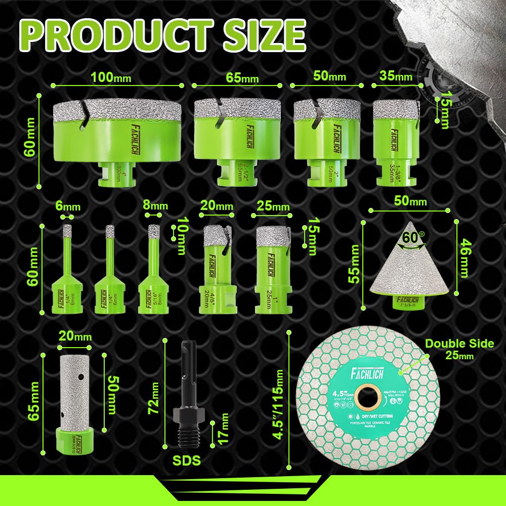 Tile Hole Saw Kit Diamond - (6/6/8/20/25/35/50/65/100mm Drill Bits+Finger Bit+Chamfer Bit+Adapter+Tile Blade) Diamond Hole Saw Kit for Porcelain Ceramic Marble Brick Granite,5/8"-11 Thread