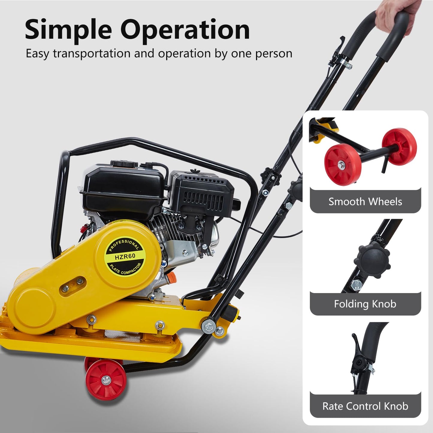 7HP Plate Compactor, 212CC Gas Engine, 4200lbs Power Jumping Jack Tamper, 22.1x15.9 in Plate Compaction Force Rammer Jumping Jack Tamper, 5600 VPM Pavement Compactor for Asphalts, Walkway