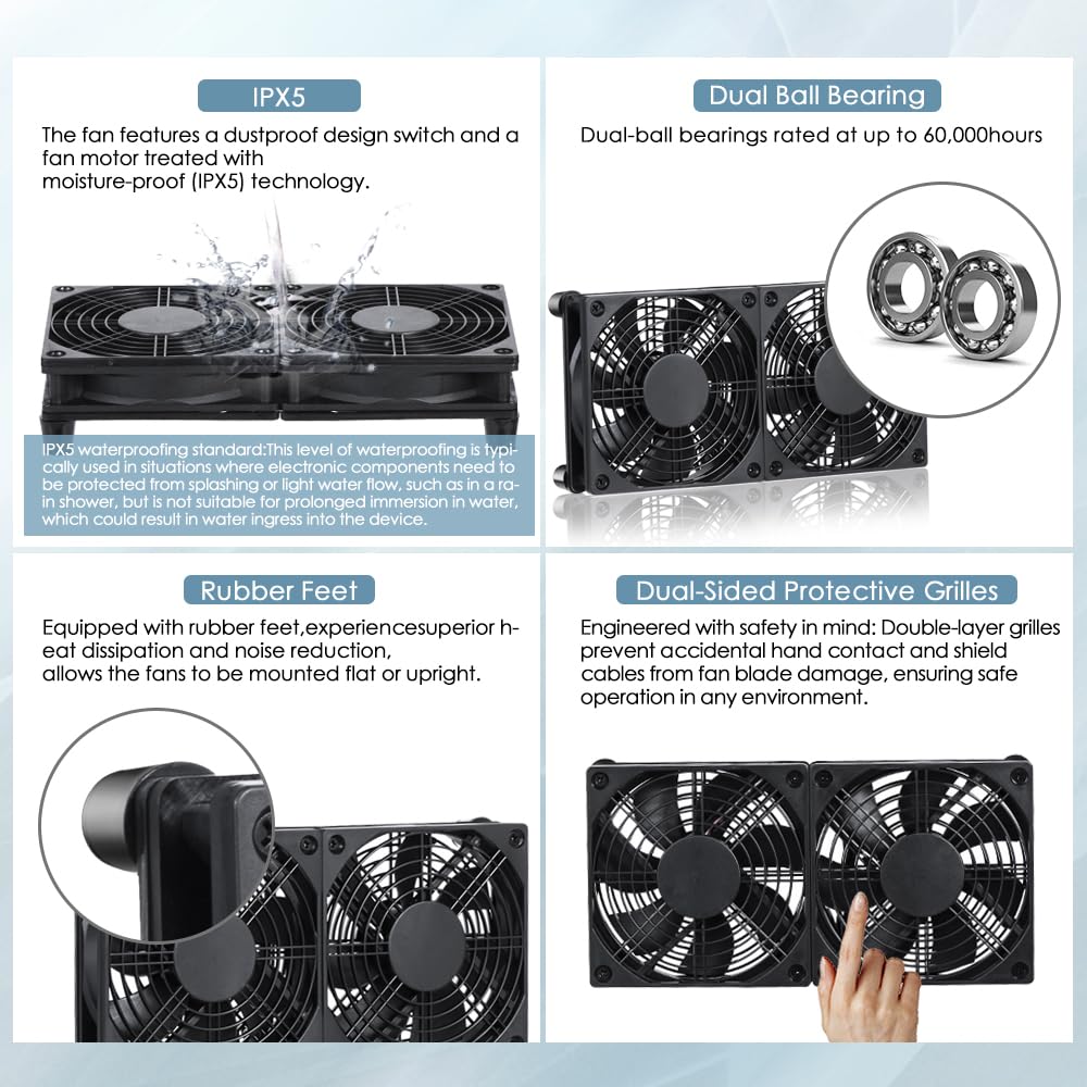 xiaoqijia 120mm 10-Speed IPX5 5V 12V Dual Adjustable Cooling Case Fan for Receiver DVR Xbox TV Box Router USB/DC Power