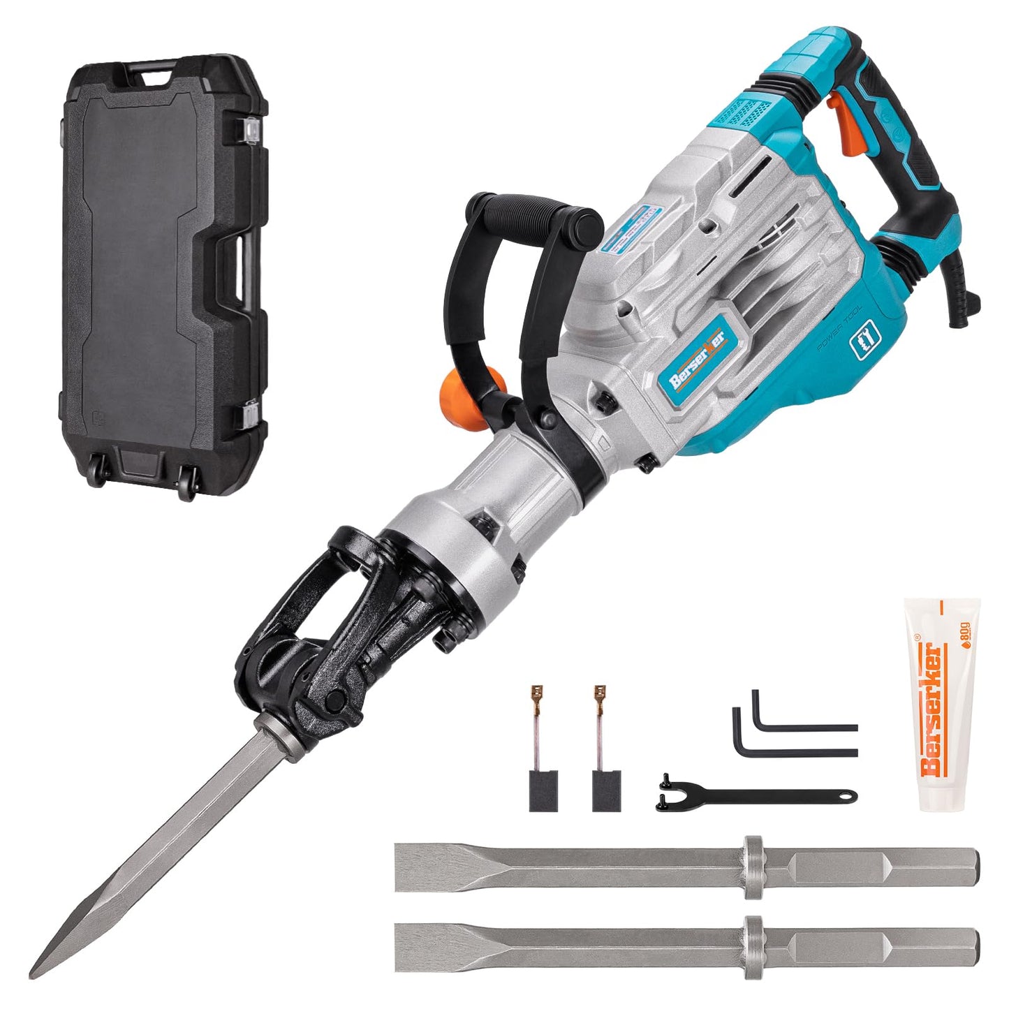 Berserker 40-Pound 1-1/8" Hex Shank Demolition Jack Hammer, 1700W 14.5-Amp Heavy Duty Concrete/Pavement Breaker with Carrying Case Bull Point Chisel & 2 Flat Chisel