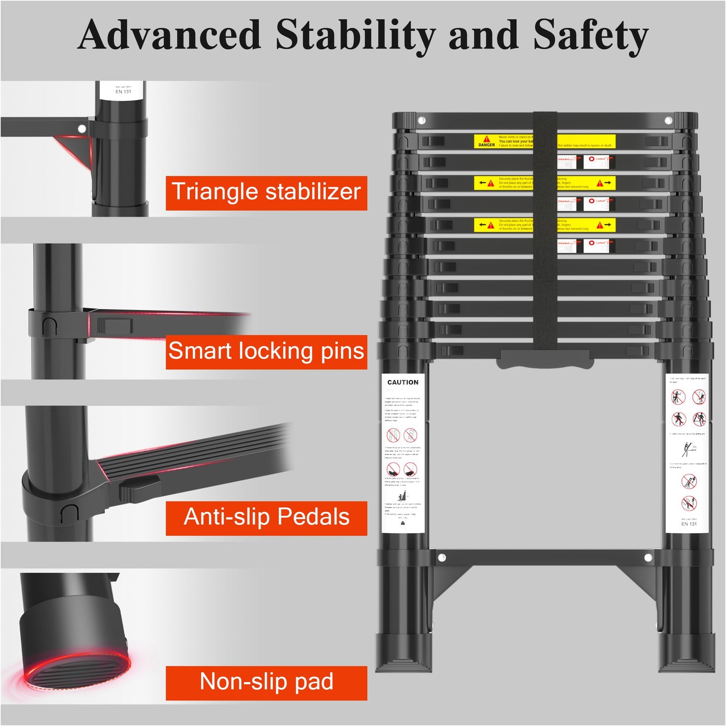 Telescoping Ladder, 12.5 FT Aluminum Extension Ladder, Collapsible & Adjustable, 330 lbs Capacity, Compact Retractable Ladder for House, Roof, RV & Travel Trailer