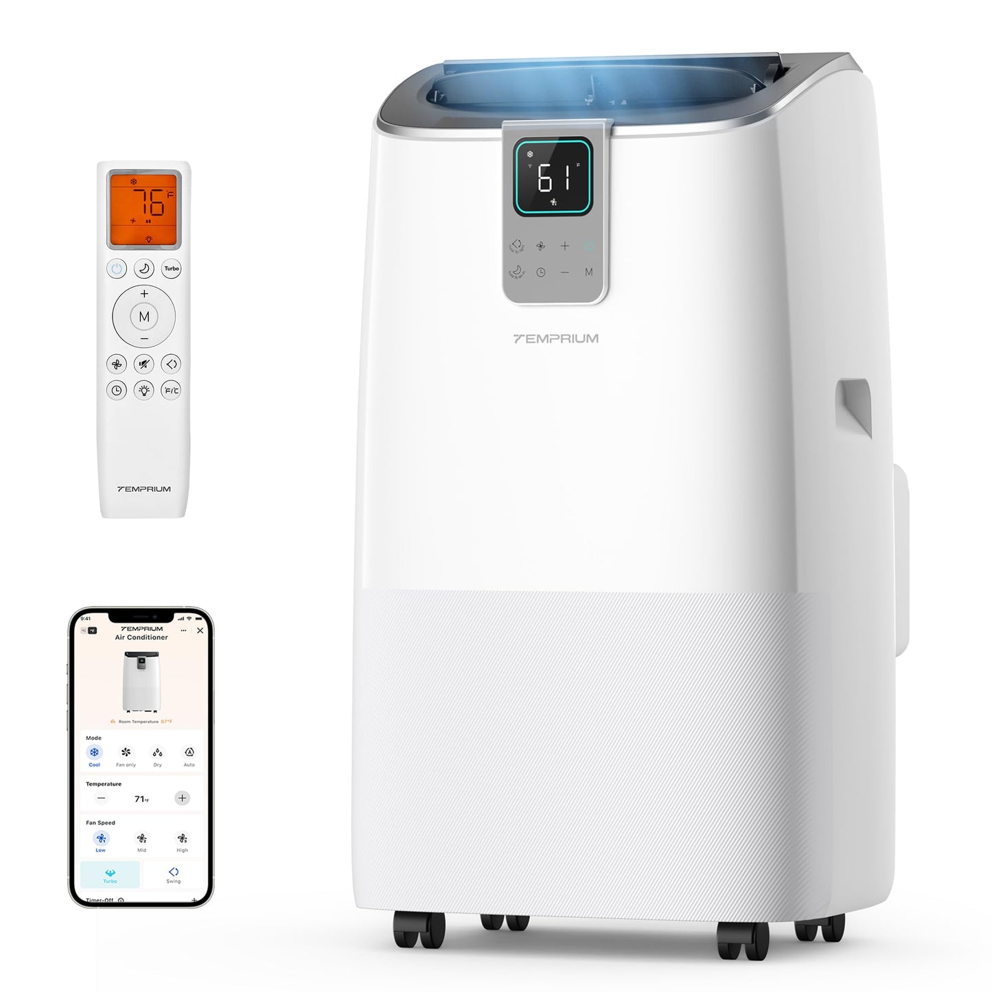 Temprium 14,000 BTU Smart Portable Air Conditioner for Large Rooms up to 750 Sq.ft, 41dB Quiet Efficient AC Unit with App & Voice Control, 4-in-1 Cooling, Dehumidifier, Fan, No-Drain Self-Evaporating