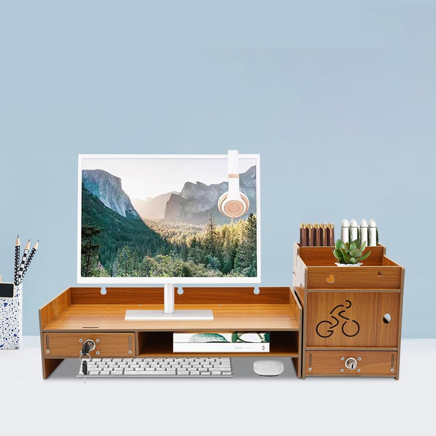 QUSKLISU (07) Computer Monitor Stand, Computer Rack with Drawers, Two top Platforms Desk Organizer Monitor Stand