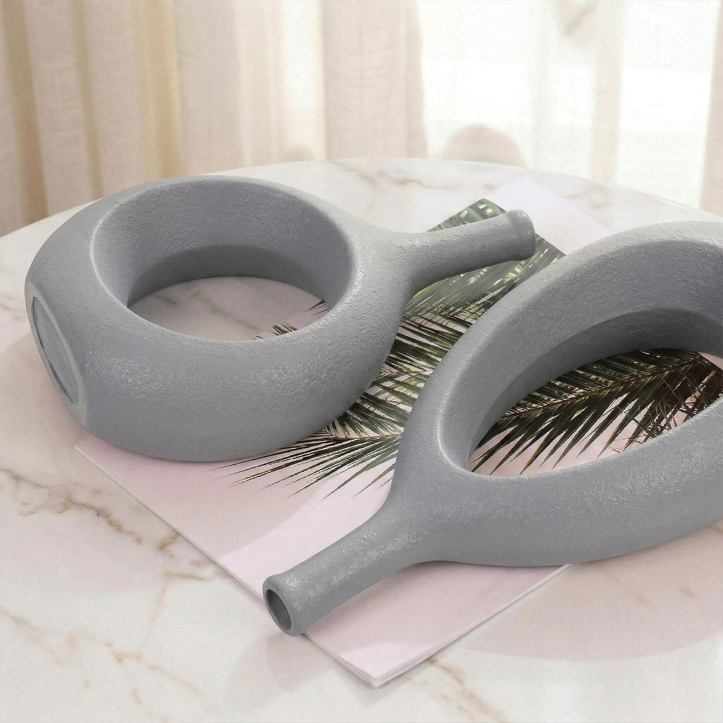 Gray Ceramic Hollow Elliptical Vase Set of 2 - Boho Circle Vase with Hole, for Modern Grey Table Decor, Living Room Decor Shelf mid Century Modern Home Entrance Decorative vase
