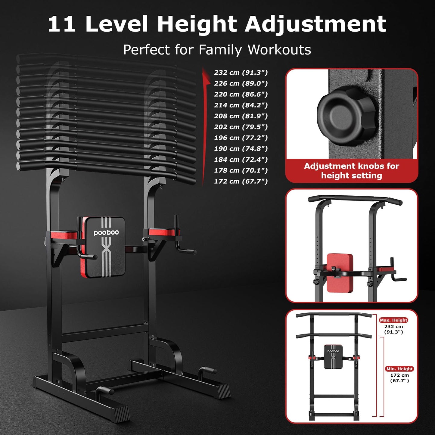 Power Tower Dip Station Pull Up Bar for Fitness Home Gym Workout,Multi-Function Adjustable Height Fitness Strength Training Exercise Equipment,with Power Elastic Ropes,Black Red-02