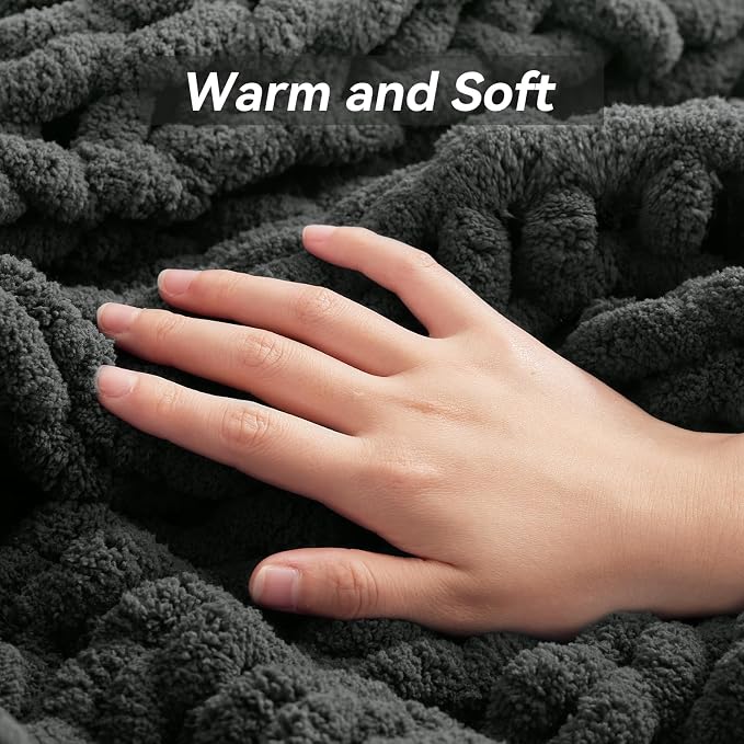 Negwoo Chunky Knit Throw Blanket, 50''*60'' Knitted Throw Chenille Yarn for Bed Couch, Handmade Dark Grey Crochet Big Thick Blanket, Machine Washable Cute Comfy Blanket for Home Decor