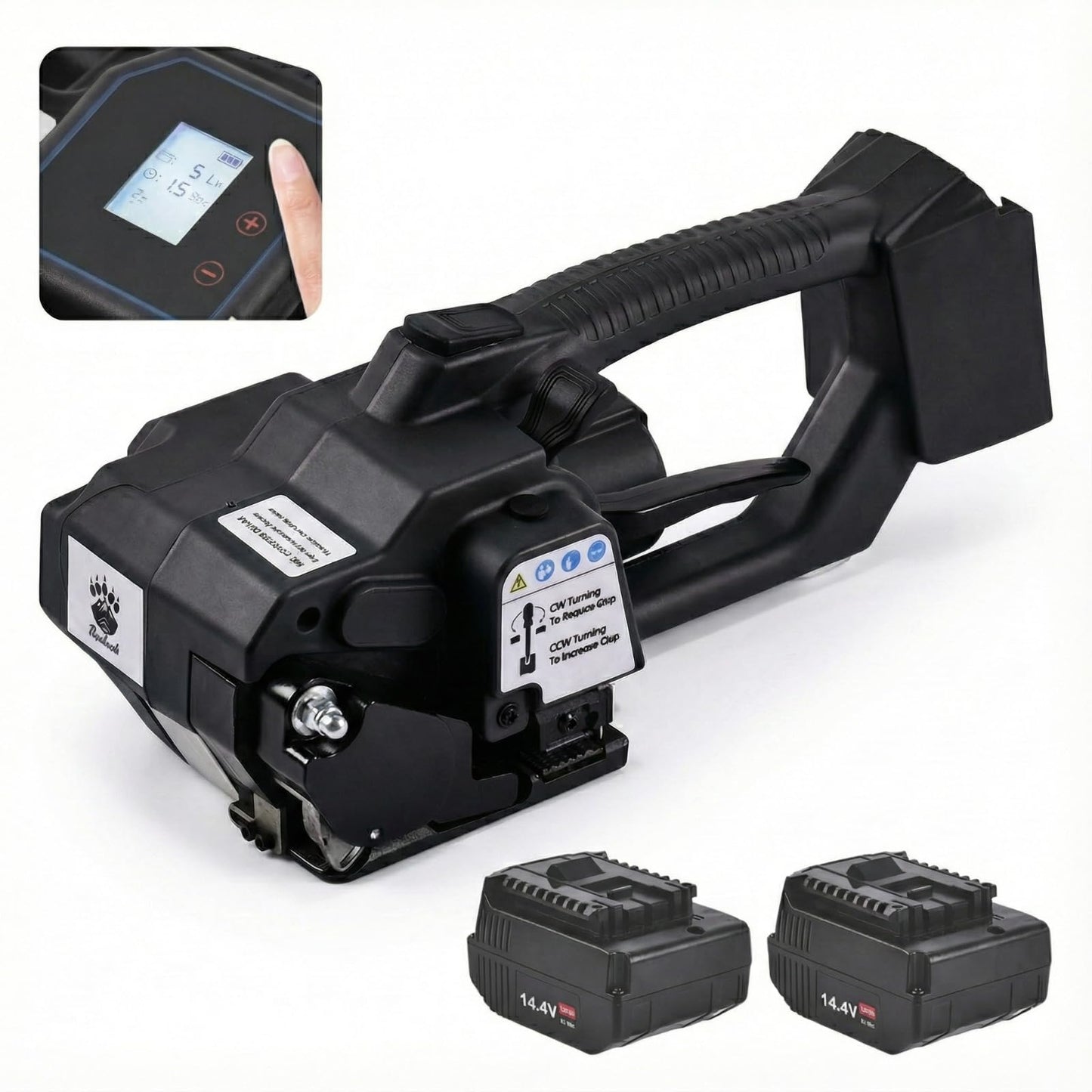 Electric Strapping Machine – 4,500N Tensioner, LCD Display, 4,000mAh Battery, Automatic Portable Banding Tool Kit for 1/2–5/8" PET/PP Straps, Pallet & Box Packaging (Black, 2 x 4,000 mAh Battery)