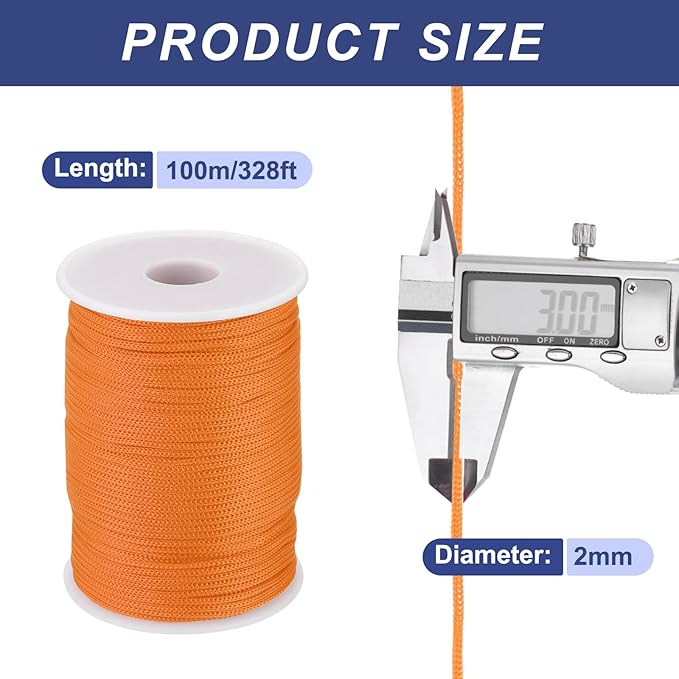 MECCANIXITY 1/12 Inch Polypropylene Rope Braided Ropes, 328ft Nylon Rope Hollow Utility Cord for Clothesline, Camping, Hiking, Outdoor, Light Orange