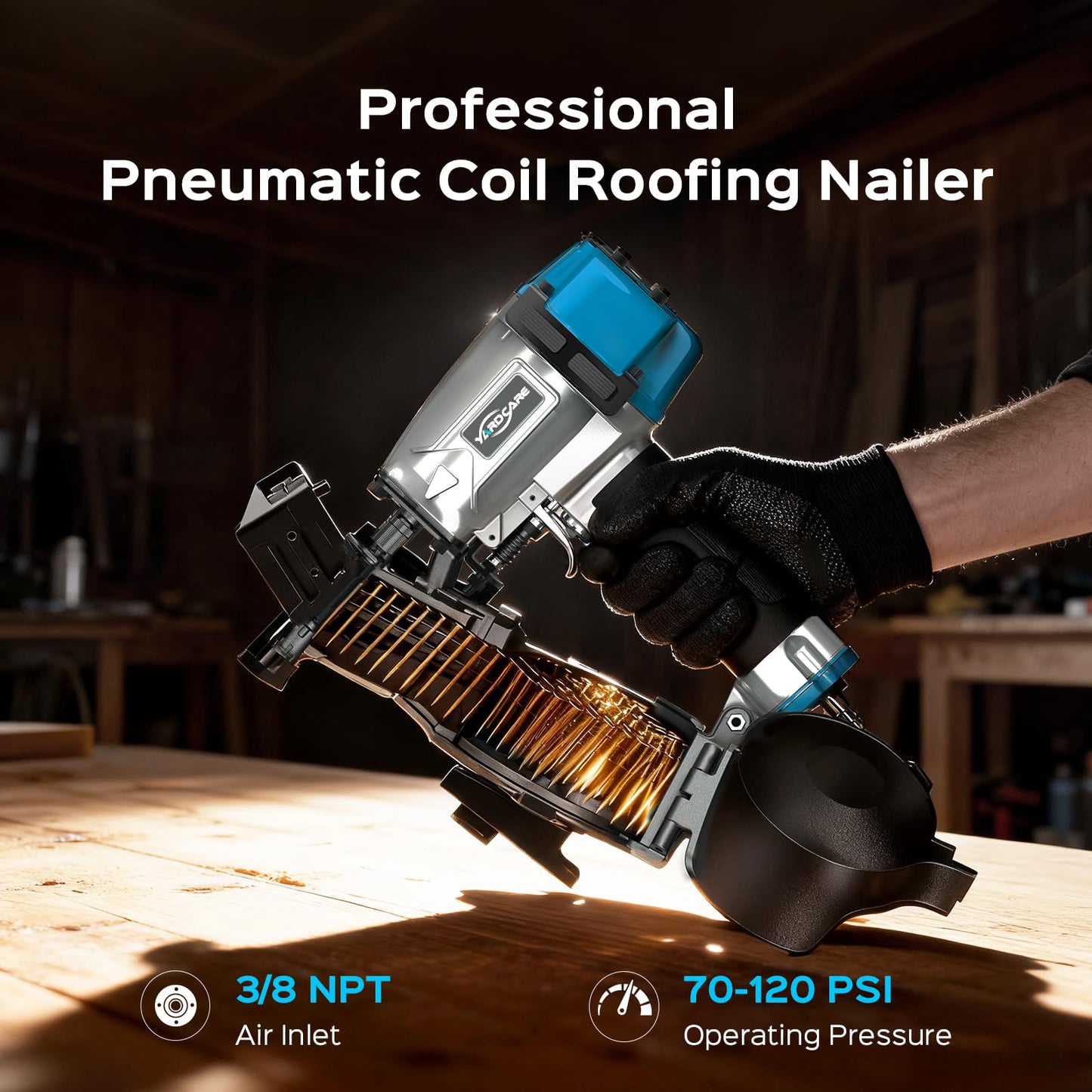 YARDCARE CRN45 Roofing Nailer, 15 Degree Pneumatic Coil Roofing Nail Gun for 7/8″ to 1-3/4″ Nails, 120 Coil Capacity, 70-120 PSI Pistolas Para Roofing for Asphalt Roofing Shingles Wooden Cases
