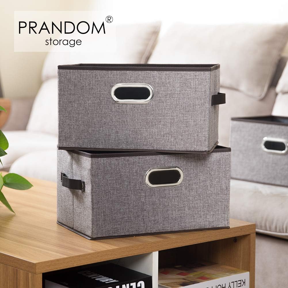 PRANDOM Large Foldable Storage Bins - Decorative Linen Fabric Baskets with Leather Handles | 3-Pack, Grey & Black Trim (14.9x9.8x8.3 Inch)