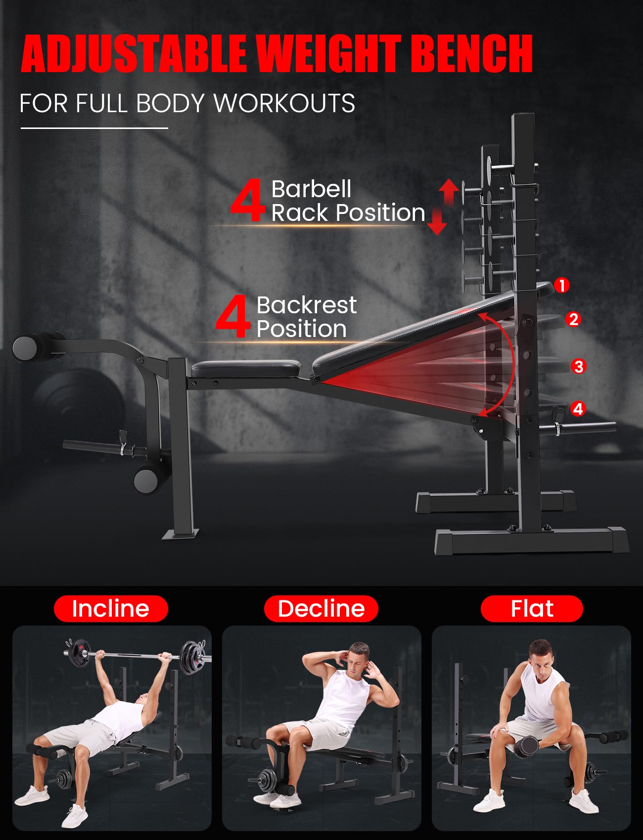 OPPSDECOR Adjustable Weight Bench Set with Squat Rack, 3 Sec Folding Workout Bench for Full Body Exercise, 600LBS All-in-One Bench Press with Leg Curl & Leg Extension, Incline Decline Flat Home Gym Bench