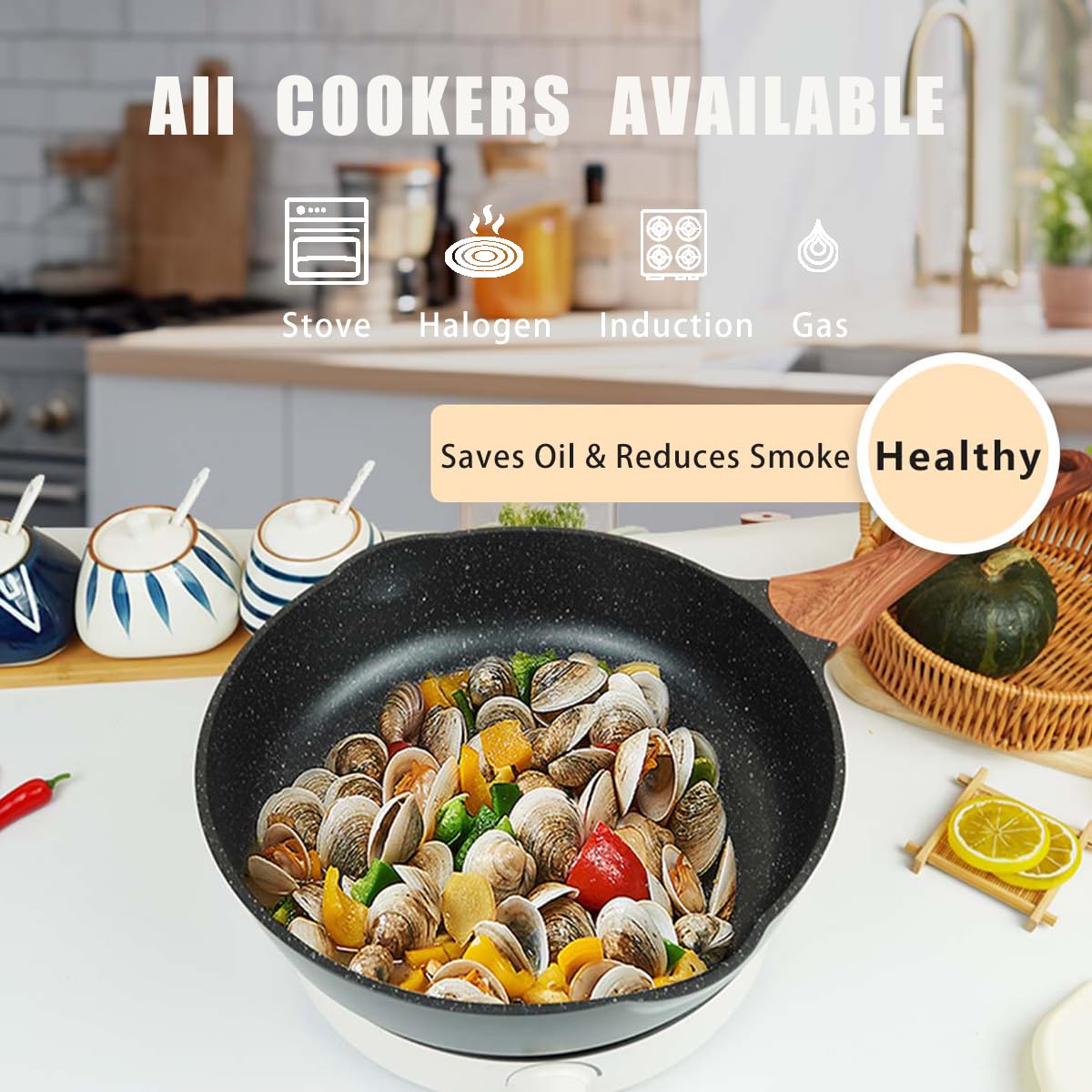 SC Cooker Frying Pans Nonstick With Lid, 11 Inches Granite Nonstick Frying Pan With Pour Spout, Last Longer Omelette Pan, Skillet With Lid, Non Toxic,Pb,Cd PFOA Free (Black, 11 inches)