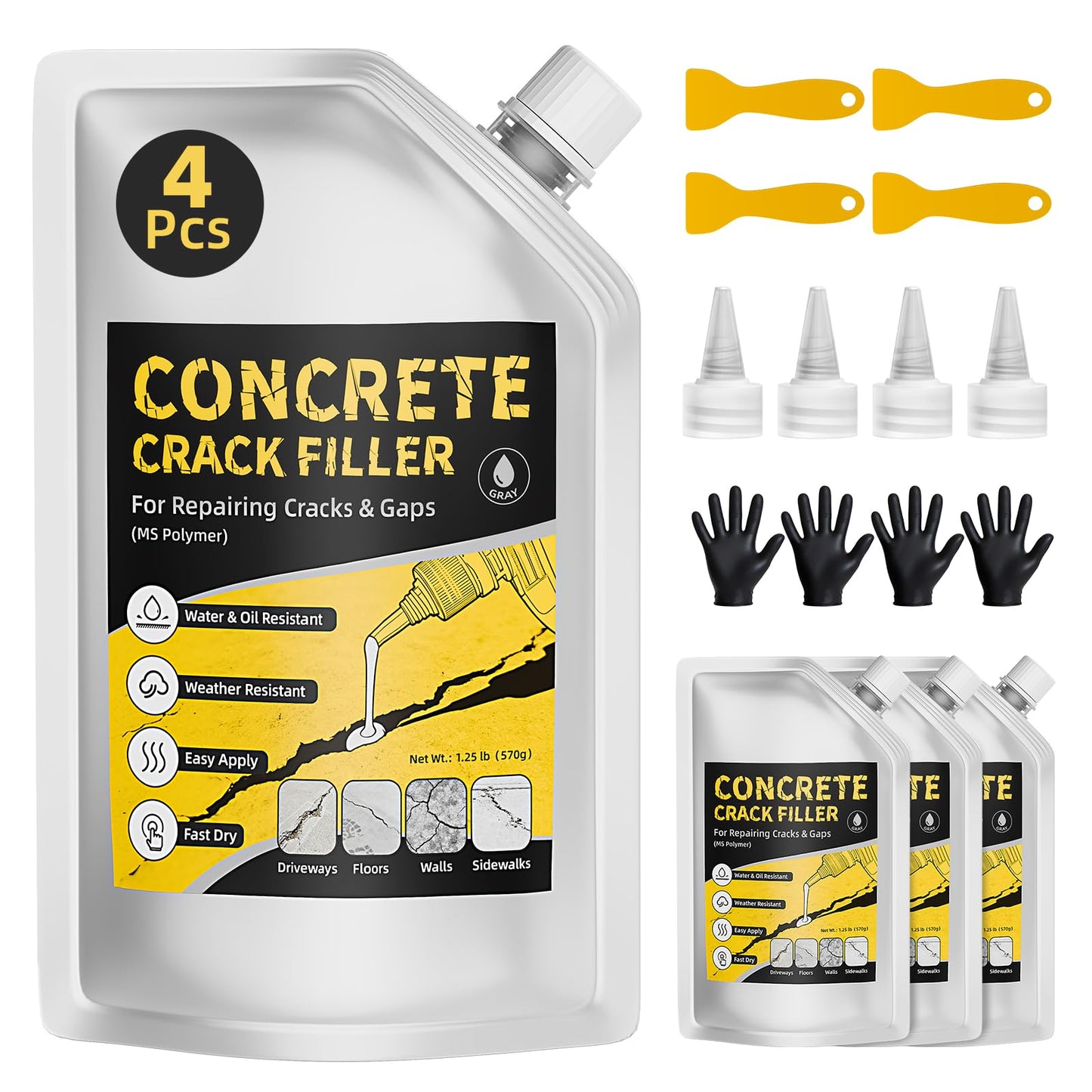 Pack of 4 Self Leveling Concrete Crack Filler, Cement Crack Filler, Waterproof & High Elasticity, Concrete Slab Repair for Driveway, Patio, Garage Floor, Sidewalk, Pool Deck (20 oz)