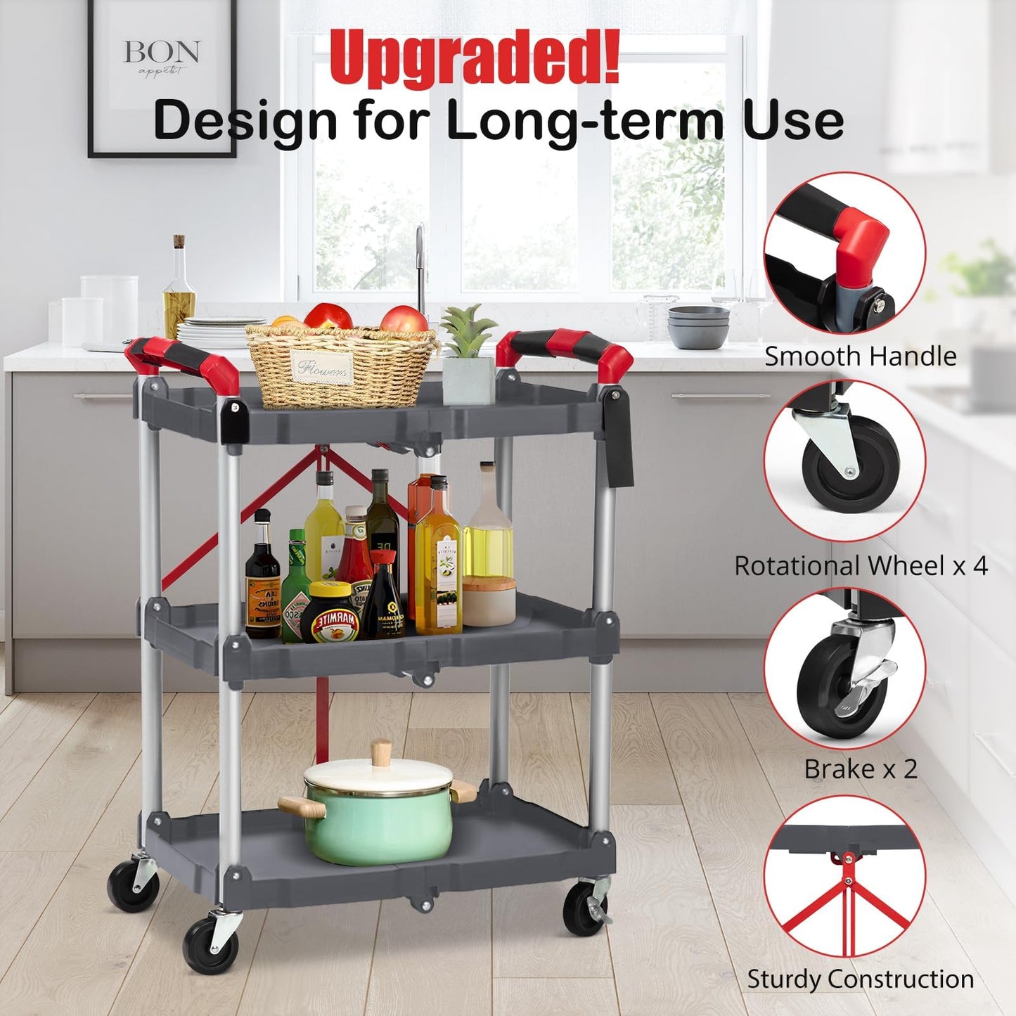 Foldable Utility Carts with Wheels, 3-Tier Holds Folding Rolling Cart with Fixed Rope, Pack-N-Roll Collapsible Service Cart for Home, Office, Garage, and Warehouse - No Assembly Required