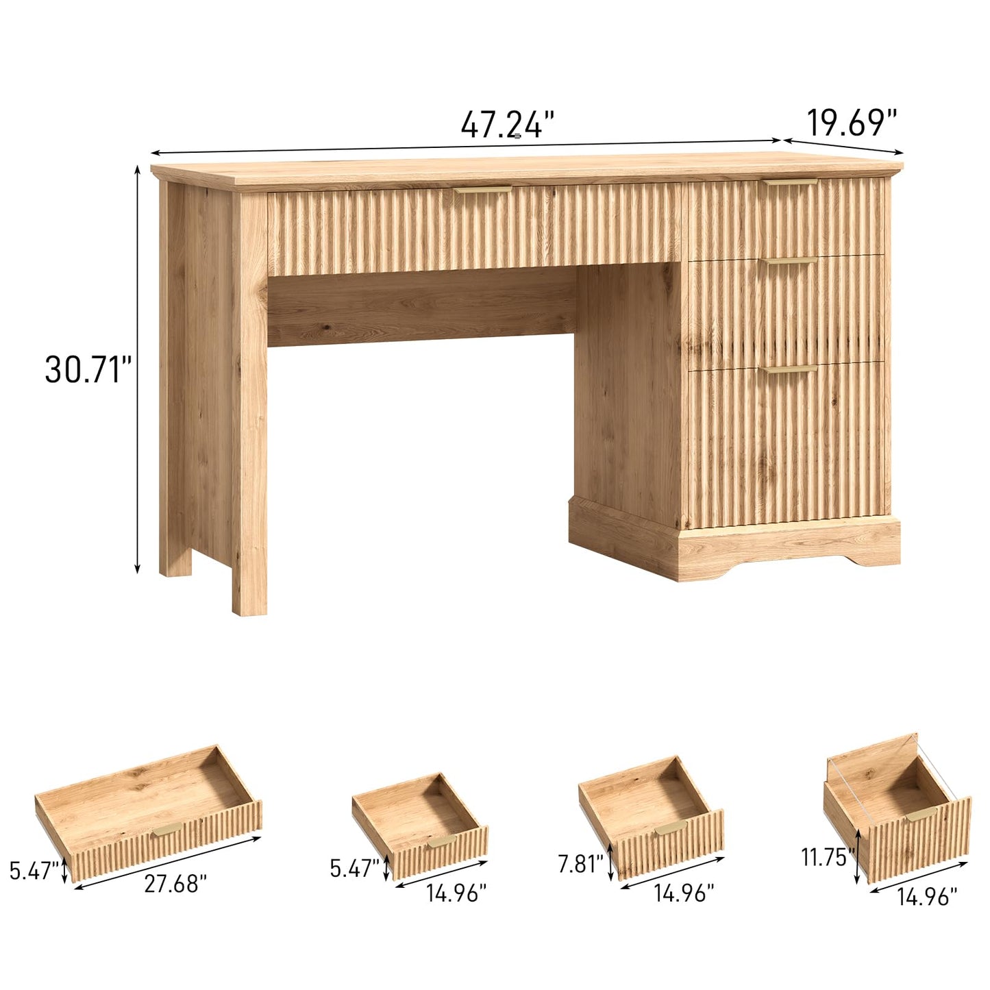 Vabches Fluted Executive Desk with Drawers, Wood Computer Desk with Ample File Drawer, Home Office Desk with Storage for Study, Bedroom, Living Room, Oak