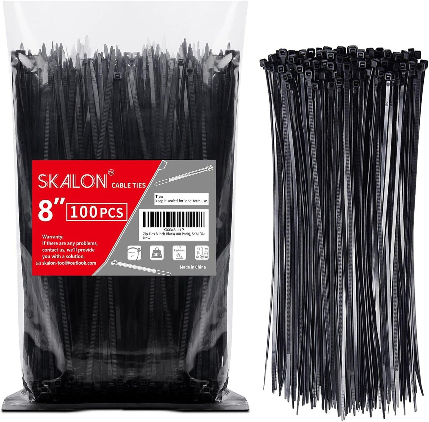 SKALON 8 inch (100 Pack), 40lbs Zip Ties Tensile Strength, Black Cable Ties, Wire Ties for indoor and outdoor use, by