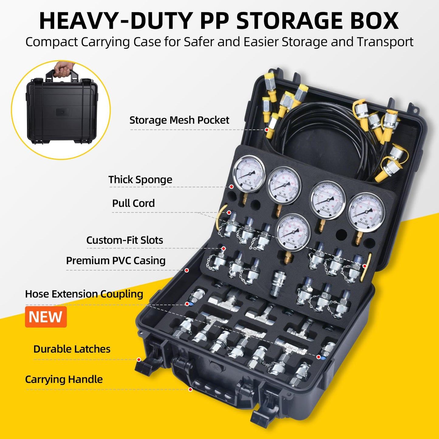 Hydraulic Pressure Test Kit - 5 Gauges (150-10000 PSI), 13 Couplings, 14 Tee Connectors with Markings, 6 Hoses + Extension Adapter (Reach 10.8 ft), for Excavators, Loaders, Hydraulic Machinery