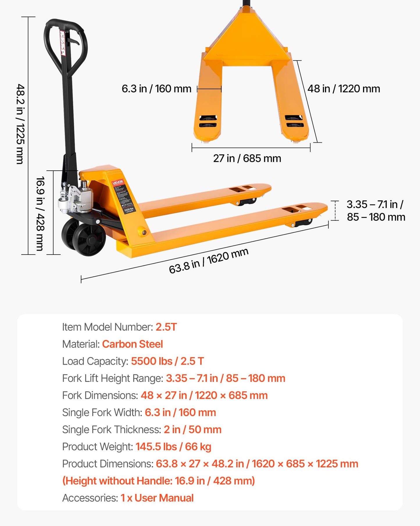 VEVOR Pallet Jack, 5500 lbs Load Capacity, Manual Pallet Truck with 48L x 27W Inch Forks for Material Handling, 3.35-7.1 Inch Fork Lift Height Range, Suitable for Warehouse, Supermarket, Manufacturing