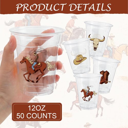 50 Pcs 12OZ Western Cowboy Plastic cups, Western Party Decorations Disposable Western Print Clear Plastic Cups Juice Soda Beverage Birthday Party Favors For Western Cowboy Themed Party Supplies