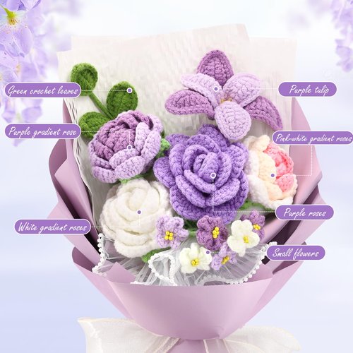 FUCAN Crochet Flowers,Finished Bouquet Crocheted Cotton Thread Flowers, Handmade Crochet Rose Tulip Fern Leaf as a Gift for Lover, Friends. Artificial Flower (Purple)